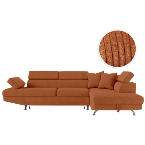Loungitude – Canapé d'angle convertible 5 places en velours côtelé – Coffre de rangement intégré – Dimensions 271 x 192 x 85 cm – Couleur terracotta (1/5)