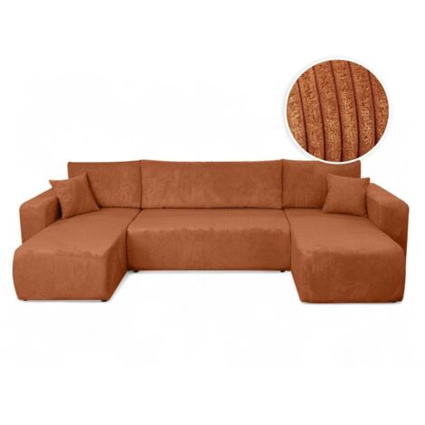 Loungitude – Canapé d'angle panoramique convertible 6 places en velours côtelé – Dossier basculant – Coffre de rangement intégré – Terracotta (1/5)