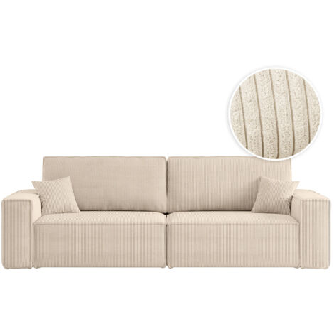 Loungitude – Canapé convertible 3 places en velours côtelé – Dossier basculant – Coffre de rangement – 2 coussins d'appoint – Beige (1/5)