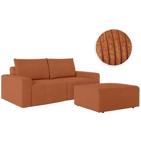 PACK - Canapé droit fixe 2 places ROMANE avec pouf en velours côtelé - Terracotta (1/5)