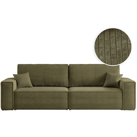 Loungitude – Canapé convertible 3 places en velours côtelé – Dossier basculant – Coffre de rangement – 2 coussins d'appoint – Vert kaki (1/5)