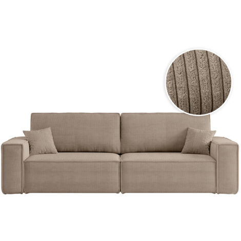 Loungitude – Canapé convertible 3 places en velours côtelé – Dossier basculant – Coffre de rangement – 2 coussins d'appoint inclus – Taupe (1/5)