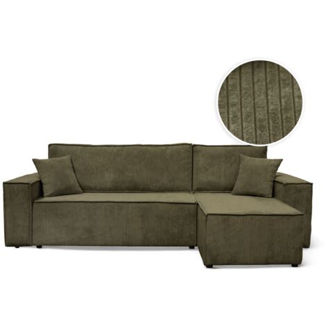 Loungitude – Canapé d'angle convertible réversible 4 places en velours côtelé – Dossier basculant pour lit d'appoint – Coffre de rangement intégré – Vert kaki (1/5)