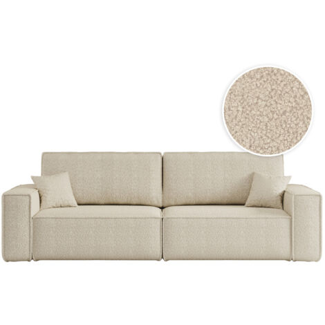 Loungitude – Canapé convertible 3 places en tissu bouclette – Dossier basculant – Coffre de rangement – 2 coussins d'appoint – Beige (1/5)