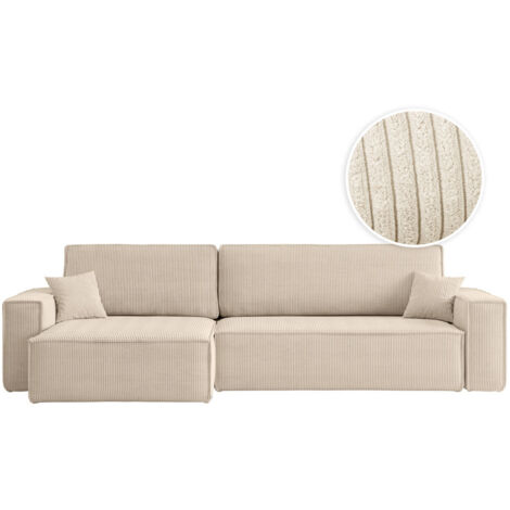 Loungitude – Canapé d'angle convertible 5 places réversible en velours côtelé – Coffre de rangement intégré – Beige – Fabrication européenne (1/5)