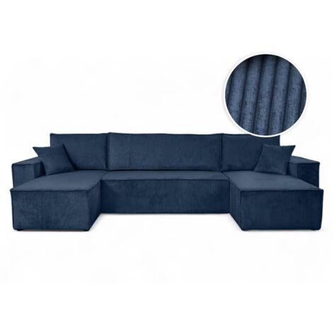 Loungitude – Canapé d'angle panoramique convertible 6 places en velours côtelé – Grand lit d'appoint – Coffre de rangement – Bleu foncé (1/5)