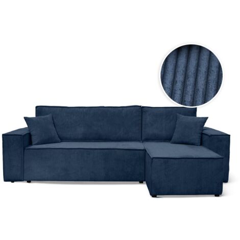 Loungitude – Canapé d'angle convertible réversible 4 places en velours côtelé – Dossier basculant pour lit d'appoint – Coffre de rangement intégré – Bleu foncé (1/5)