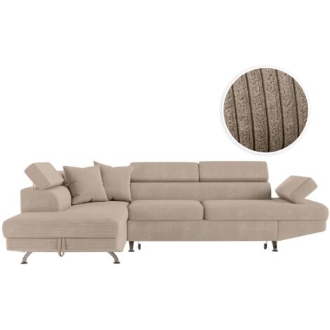 Loungitude – Canapé d'angle convertible 5 places – Velours côtelé taupe – Coffre de rangement intégré – Dimensions 271 x 192 x 85 cm (1/5)