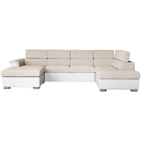 Canapé panoramique PAOLA convertible 2 coffres en tissu Easy Clean antitache et simili- Beige/Blanc (1/5)