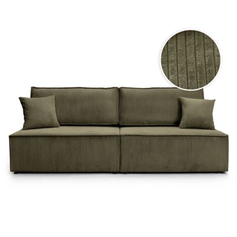 Loungitude – Canapé convertible 3 places sans accoudoirs – Coffre de rangement – Velours côtelé vert kaki – Compact pour petits espaces (1/5)