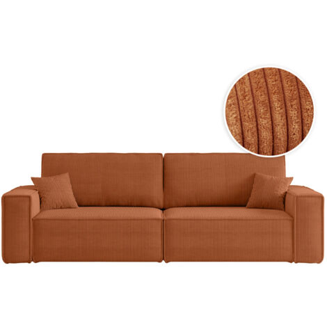 Loungitude – Canapé convertible 3 places en velours côtelé – Dossier basculant – Coffre de rangement – 2 coussins d'appoint – Terracotta (1/5)