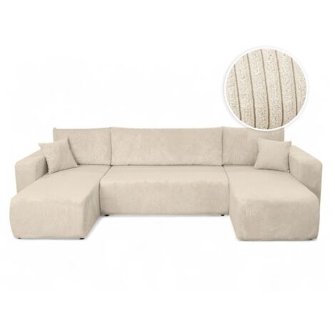 Loungitude – Canapé d'angle panoramique convertible 6 places en velours côtelé – Couchage rapide – Coffre de rangement intégré – Beige (1/5)