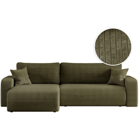 Loungitude – Canapé convertible d'angle réversible 5 places – Velours côtelé vert kaki – Coffre de rangement intégré – Idéal pour grands salons (1/5)