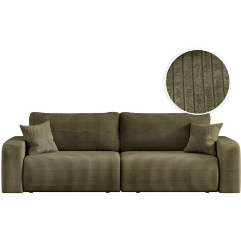 Loungitude – Canapé convertible 3 places en velours côtelé – Couchage occasionnel – Coffre de rangement intégré – Vert kaki (1/5)