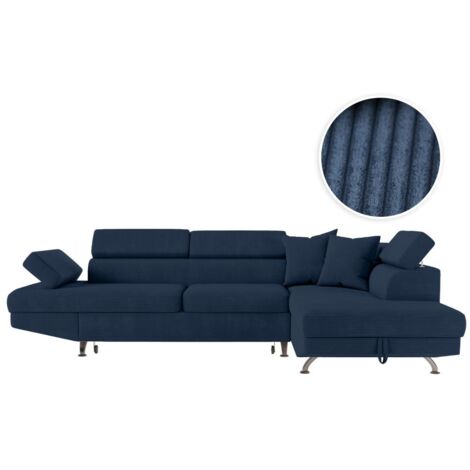 Canapé d'angle droit convertible RIO 5 places avec coffre de rangement en velours côtelé bleu foncé (1/5)