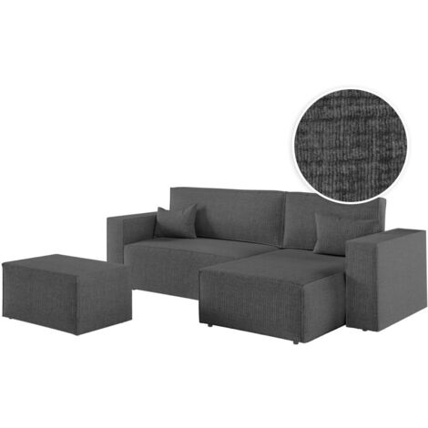 PACK - CLARISSE - Canapé d'angle convertible réversible avec pouf en tissu texturé 3D - Gris foncé (1/5)