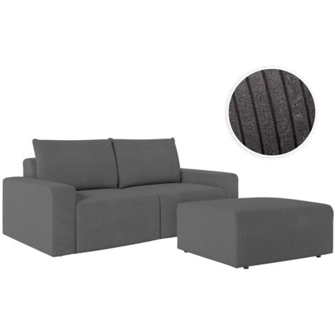 PACK - Canapé droit fixe 2 places ROMANE avec pouf en velours côtelé - Gris (1/5)