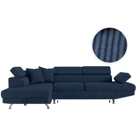Loungitude – Canapé d'angle convertible 5 places – Velours côtelé bleu foncé – Coffre de rangement intégré – Dimensions 271 x 192 x 85 cm (1/5)