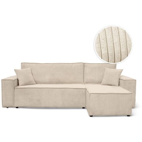Loungitude – Canapé d'angle convertible réversible 4 places en velours côtelé beige – Dossier basculant pour lit d'appoint – Coffre de rangement intégré (1/5)