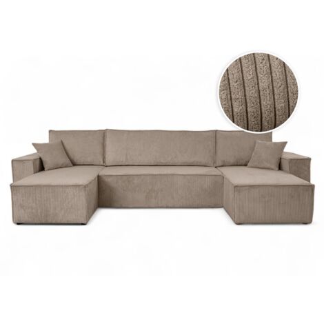 Loungitude – Canapé d'angle panoramique convertible 6 places en velours côtelé – Grand lit d'appoint – Coffre de rangement – Taupe (1/5)