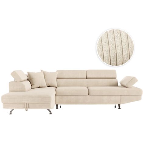 Loungitude – Canapé d'angle convertible 5 places en velours côtelé – Coffre de rangement intégré – Dimensions 271 x 192 x 85 cm – Beige (1/5)