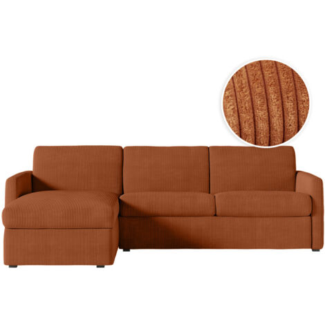 Canapé d'angle convertible express 4 pl AGATHE 140x190cm en velours côtelé terracotta - Matelas 13cm (1/5)