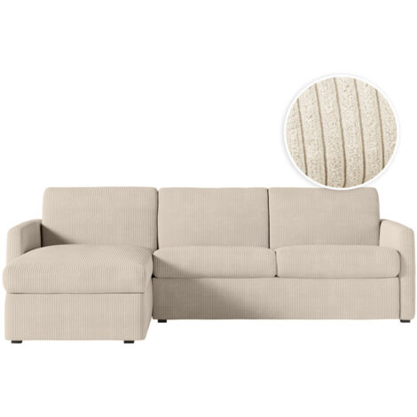 Canapé d'angle convertible express 4 places AGATHE 140x190cm en velours côtelé beige - Matelas 13cm (1/5)