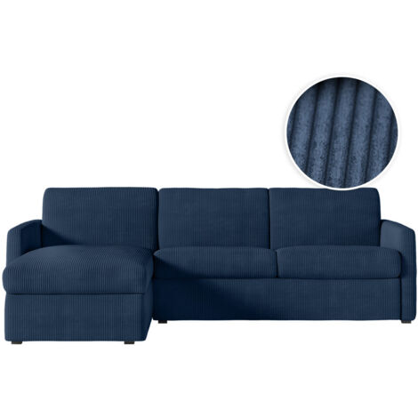 Canapé d'angle convertible express 4 pl AGATHE 140x190cm en velours côtelé bleu foncé - Matelas 13cm (1/5)