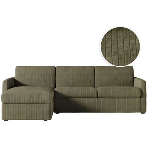 Canapé d'angle convertible express 4 pl AGATHE 140x190cm en velours côtelé vert kaki - Matelas 13cm (1/5)