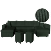 Canapé panoramique OSLO convertible avec 2 coffres, 2 poufs à droite en velours côtelé vert foncé