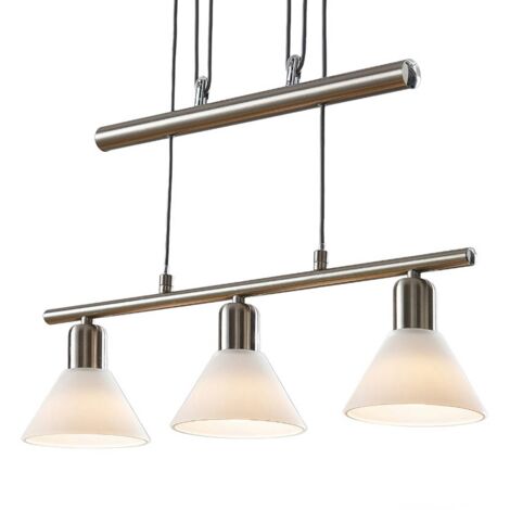Lindby – Ceiling light dimmable 'Delira' – 3-bulb linear pendant – Height adjustable – Nickel metal with white glass – For living and dining rooms (1/5)