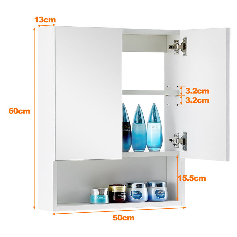 OFCASA 2-Door Bathroom Mirror Cabinet - Wall Mounted, 50x60x15cm, With Adjustable Shelves