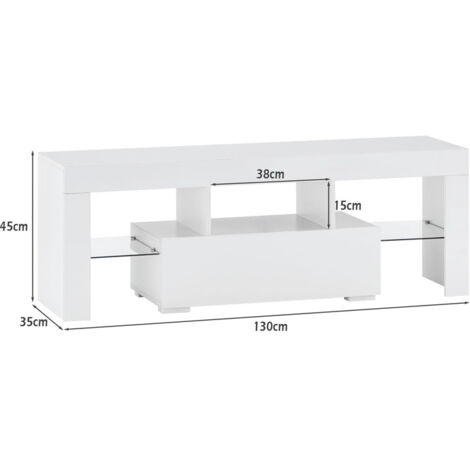 TV Stand Cabinet, 130x45x34cm High Gloss TV Unit with LED Lights, Storage Unit with Glass Shelves,White