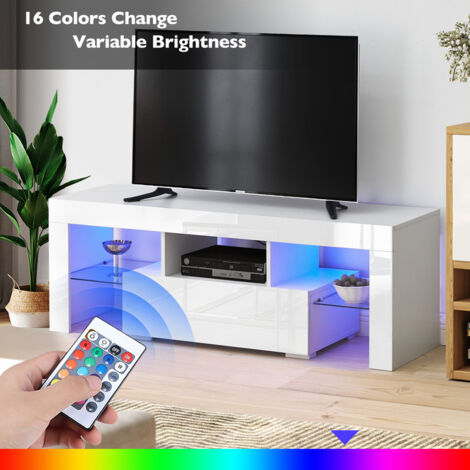 TV Stand Cabinet, 130x45x34cm High Gloss TV Unit with LED Lights, Storage Unit with Glass Shelves,White