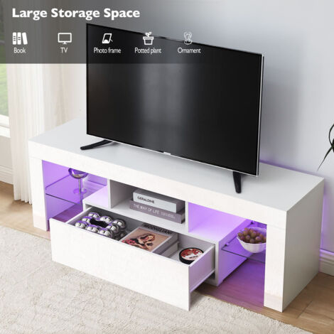 TV Stand Cabinet, 130x45x34cm High Gloss TV Unit with LED Lights, Storage Unit with Glass Shelves,White