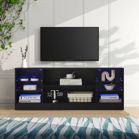 TV Stand Cabinet, 130x57x34cm TV Unit with LED Lights, High Gloss Storage Unit with Glass Shelves,Black