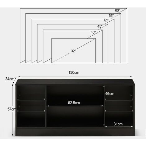 TV Stand Cabinet, 130x57x34cm TV Unit with LED Lights, High Gloss Storage Unit with Glass Shelves,Black