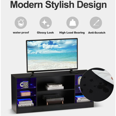 TV Stand Cabinet, 130x57x34cm TV Unit with LED Lights, High Gloss Storage Unit with Glass Shelves,Black