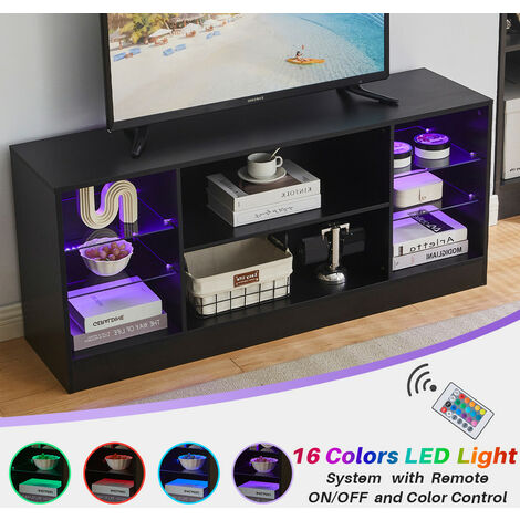 TV Stand Cabinet, 130x57x34cm TV Unit with LED Lights, High Gloss Storage Unit with Glass Shelves,Black