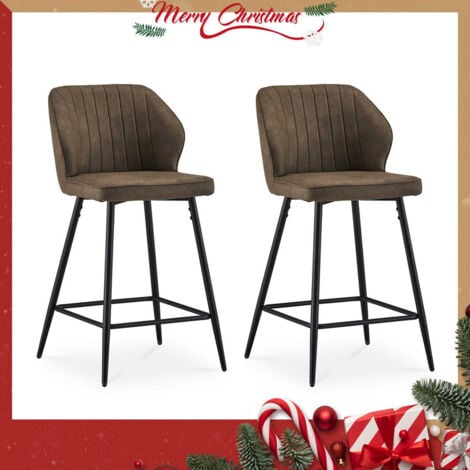Bar Stools,2x Faux Leather Padded Breakfast Bar Chairs with Backrest and Metal Legs, High Back Dining Stools, Brown