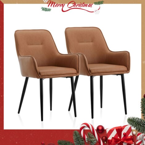 Dining Chairs Set of 2 Brown Faux Leather Padded Kitchen Chair Accent Armchair with Backrest and Metal Legs Lounge Living Room Reception Chairs Brown