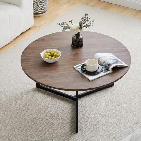 Coffee Table, 80x80x45cm Industrial End Side Table for Living Room with Black Cross Metal Frame, Brown