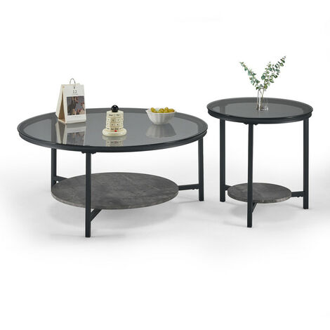 Coffee Table Set,Round Nesting Coffee Table,Glass End Side Table for Living Room with Black Cross Metal Frame