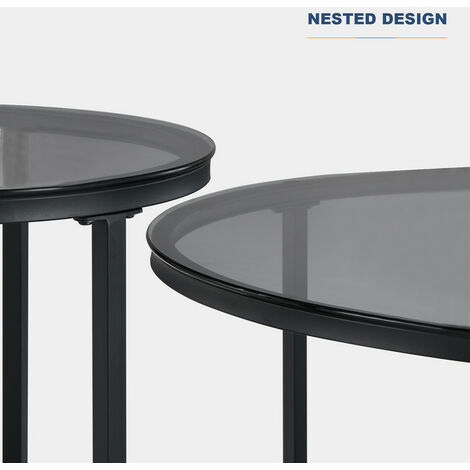 Coffee Table Set,Round Nesting Coffee Table,Glass End Side Table for Living Room with Black Cross Metal Frame