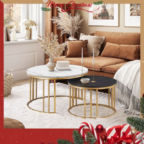 Coffee Table Set, Nesting Coffee Table,Stacking End Side Table with Golden Metal Frame,Whiteblack