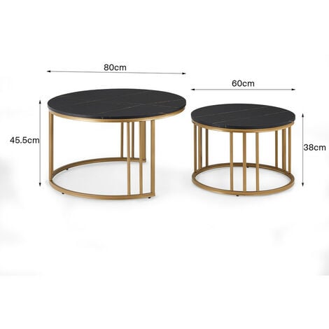 Coffee Table Set, Nesting Coffee Table,Stacking End Side Table with Golden Metal Frame, Black