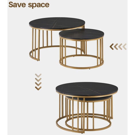 Coffee Table Set, Nesting Coffee Table,Stacking End Side Table with Golden Metal Frame, Black