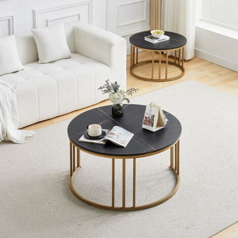 Coffee Table Set, Nesting Coffee Table,Stacking End Side Table with Golden Metal Frame, Black