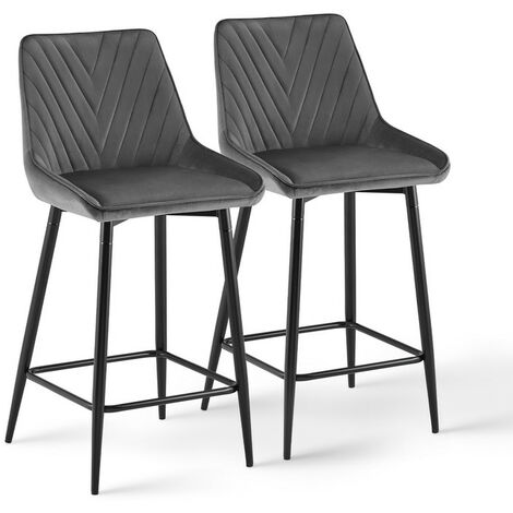 Velvet Bar Stools,2x Upholstered Seat Kitchen Counter Chairs Breakfast Barstools with Footrest,Seat Height 65cm, Grey (1/5)