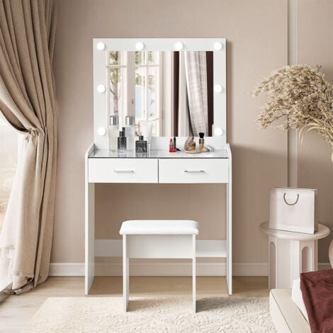 Dressing Table with Hollywood 3-Color LED Lights Mirror and Galss Top, Vanity Makeup Desk with 2 Drawers and Stool Women Girl Dresser Bedroom Furniture (White- glass top)